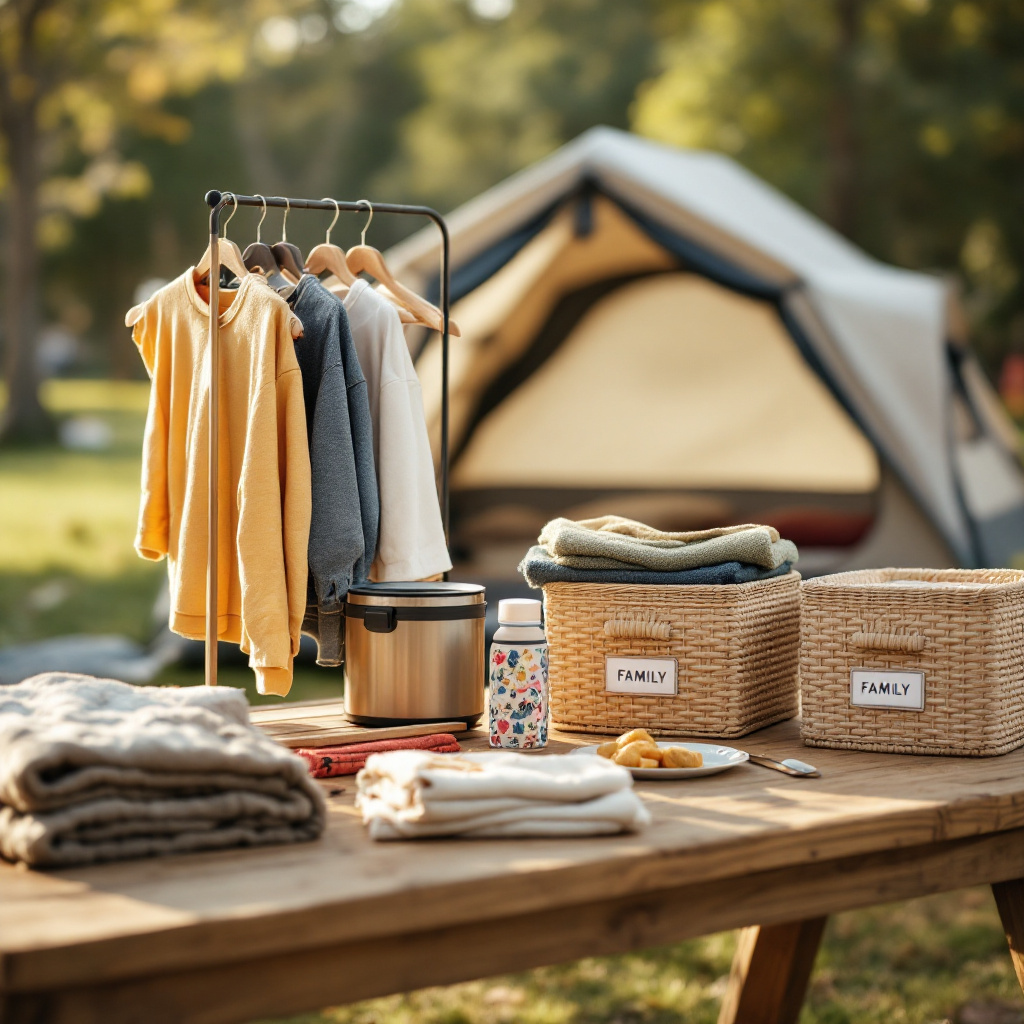 Camping mit Kleinkind Checkliste: übersichtlich sortierte Packstation mit Kleidung und Ausrüstung