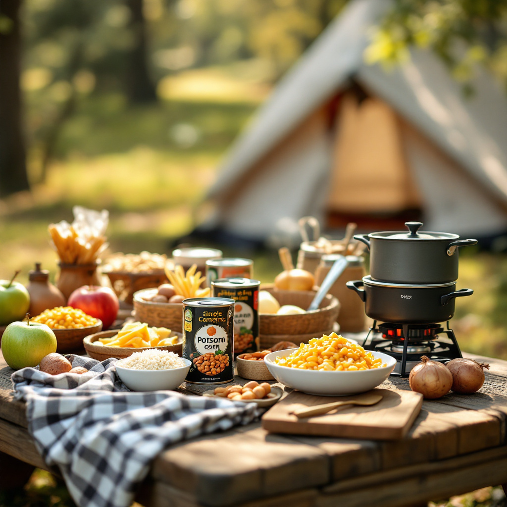 Einfache Campinggerichte ohne Kühlschrank mit Konserven, Nudeln und Gemüse auf einem Campingtisch