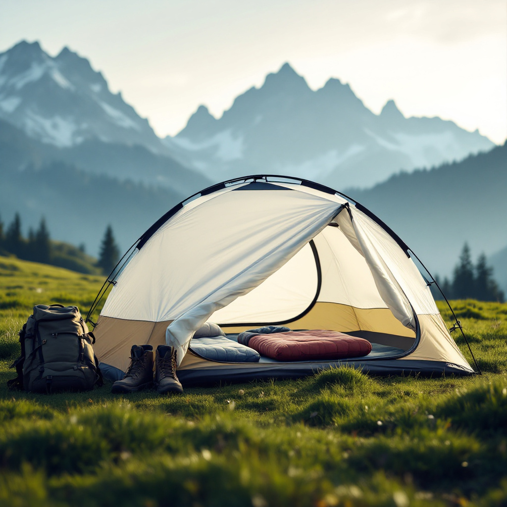 Welches Zelt für 2 Personen kaufen – Kuppelzelt auf grüner Wiese mit Campingausrüstung
